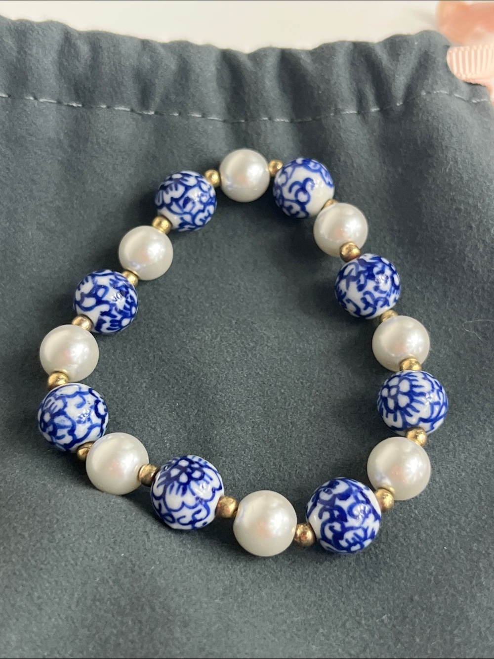 Blue & White Ceramic Bead Bracelet with Pearl Accents